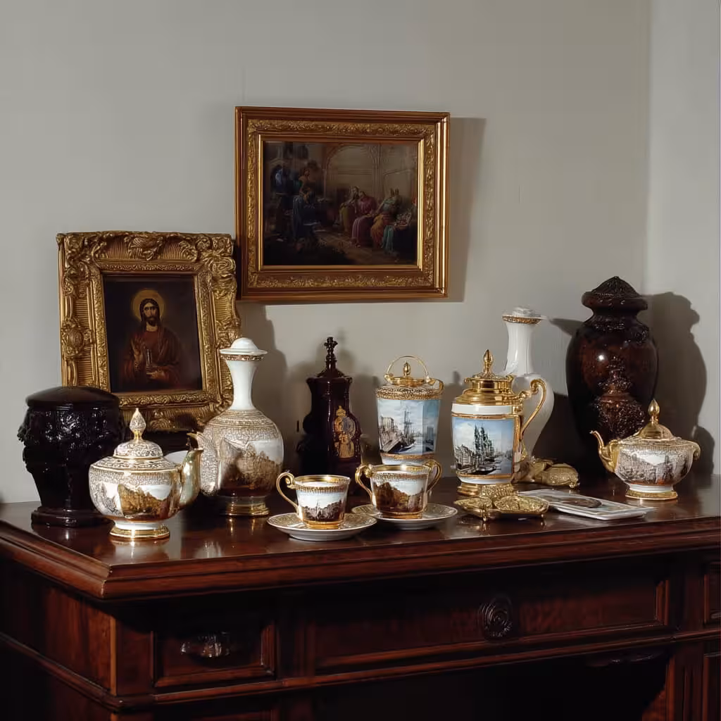 Комод с различным антикварным сервизом
